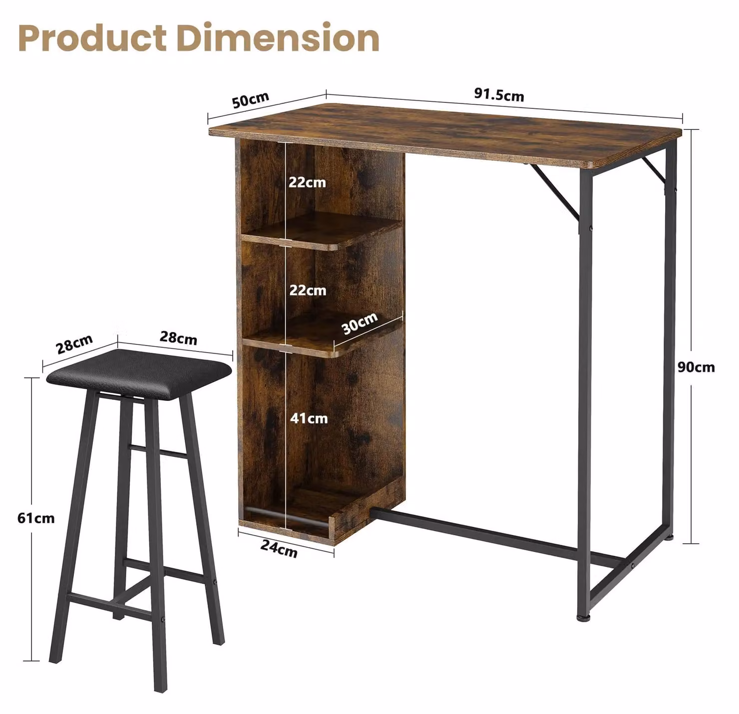 Set da pranzo salvaspazio - Set da pranzo composto da 3 elementi - 2 sgabelli da bar - Tavolo con 3 ripiani - Rivestito in ecopelle - Dimensioni: 91 x 50 x 90 cm - Colore: marrone