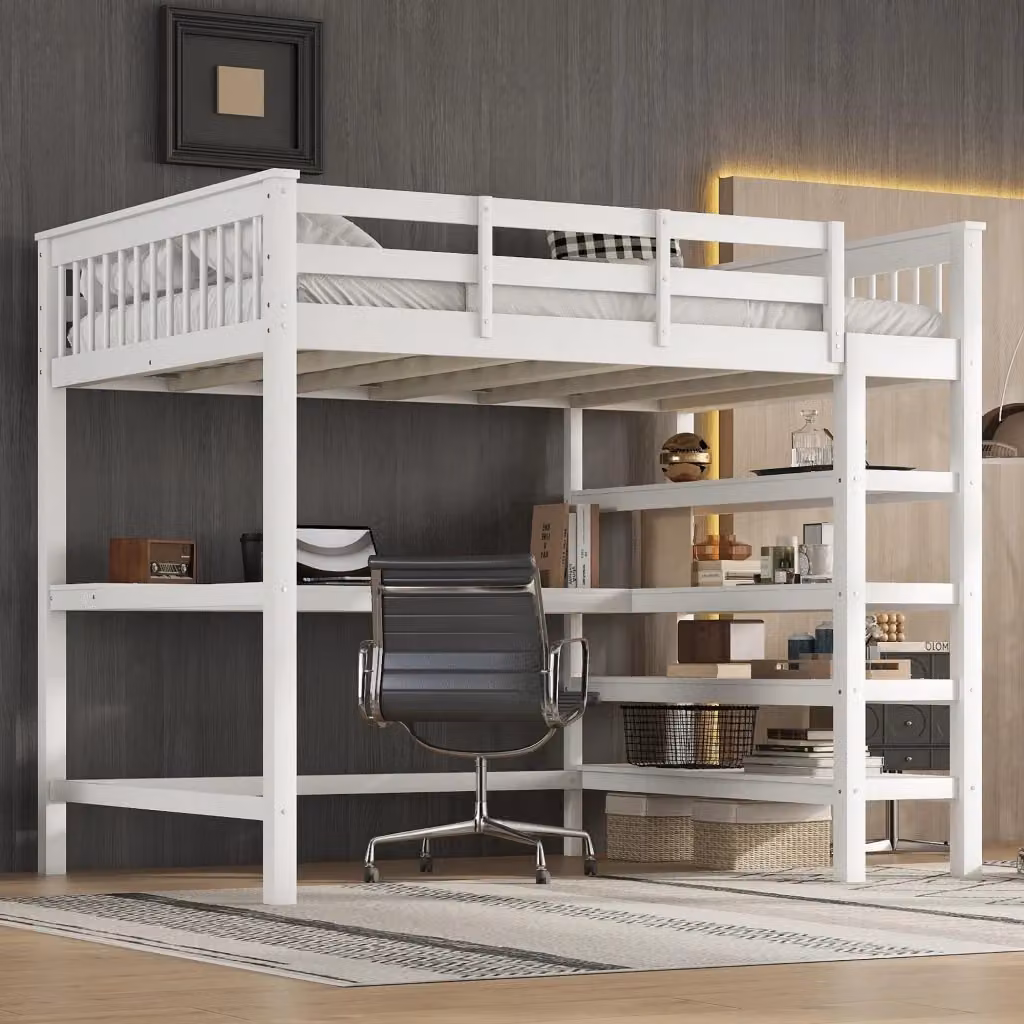 Letto a Soppalco Matrimoniale Bianco con Scrivania e Scaffali L/P/H: 140 x 200 x 207 cm – 2