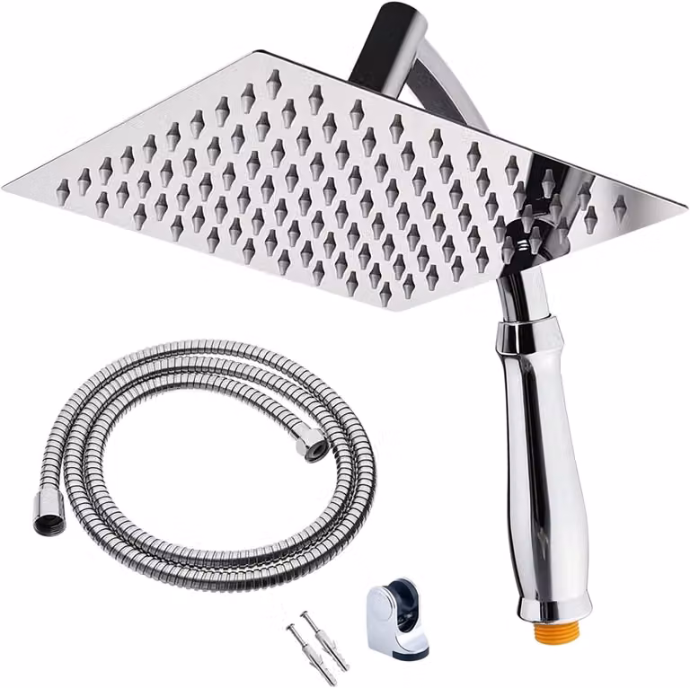 Doccia a pavimento, 20 cm, quadrata, con soffione manuale, tubo da 1,5 metri, per bagno