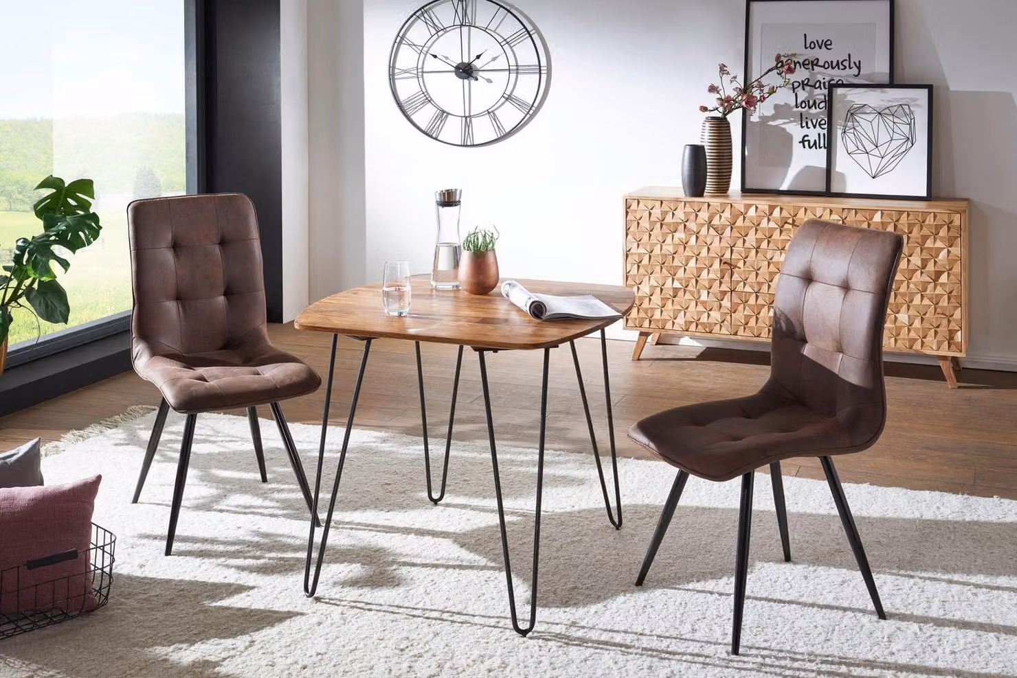 FineBuy Tavolo da pranzo quadrato 80 cm in legno massello di sheesham, tavolo da cucina moderno con gambe a forcina nere, tavolo da pranzo di design in vero legno, tavolo in legno massello