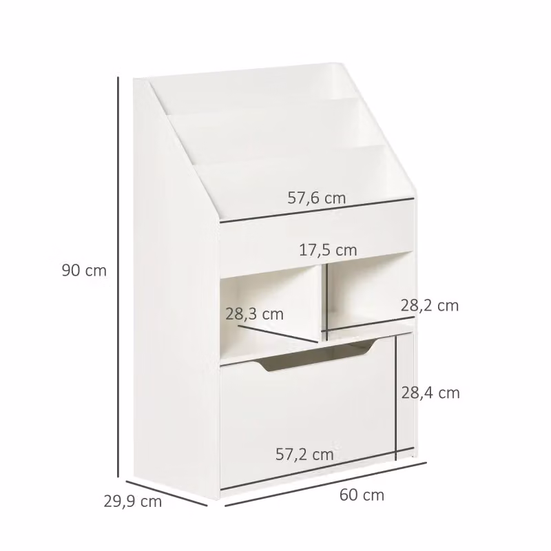 Libreria per bambini WISHDOR bianca con 3 ripiani, 2 vani aperti e cassetto, L: 60 cm, P: 29,9 cm, H: 90 cm – 2
