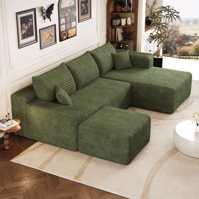 Divano angolare modulare 241x151x58 cm; divano effetto nuvola con seduta profonda; stile minimalista; consegnato montato; velluto a coste; verde
