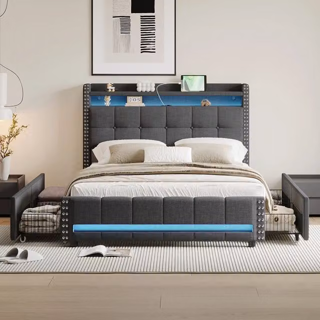 Letto imbottito 140x200 cm - Xylo - LED, USB, 4 cassetti grigio