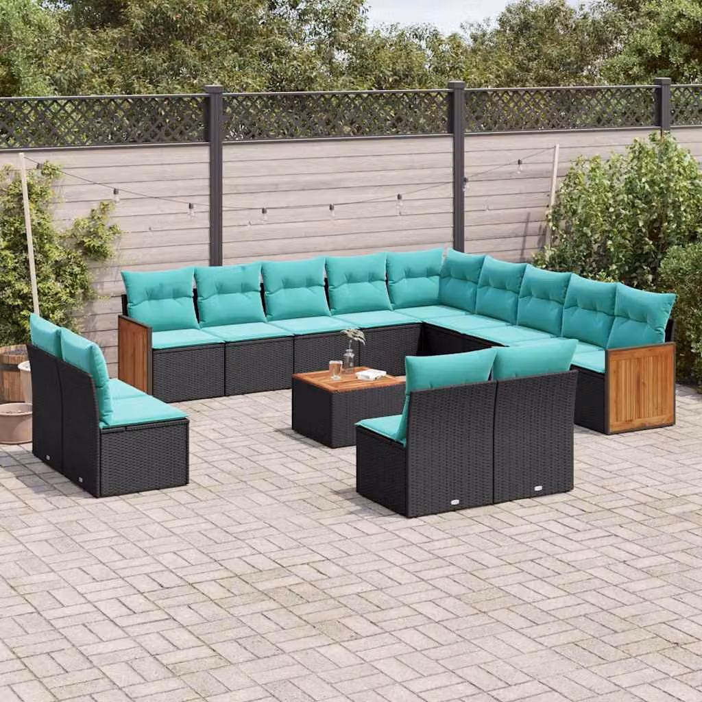 Set Divani da Giardino vidaXL 14 Pezzi in Polyrattan con Cuscini e Tavolino, Design Moderno a Forma di U, Colore Nero e Blu Turchese