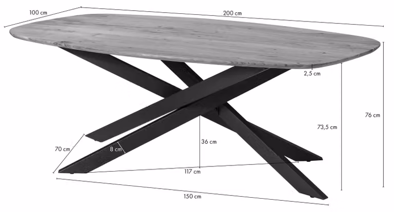 MASSIVMOEBEL24 | Tavolo da pranzo in legno di Acacia 200x100x76 Laccato naturale gambe mikado quadrate