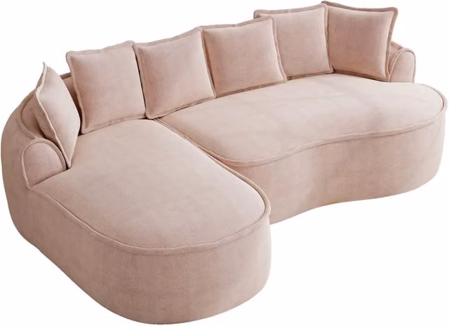 Divano modulare senza telaio in tessuto Chenille rosa, forma a L con chaise longue profonda e braccioli larghi