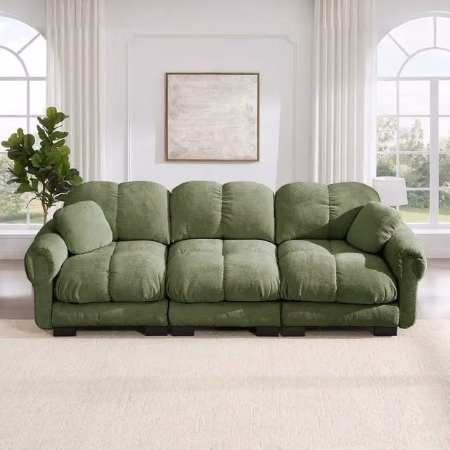 Divano 3 posti con cuscini ¨C Minimal ¨C verde tessuto trapuntato imbottito