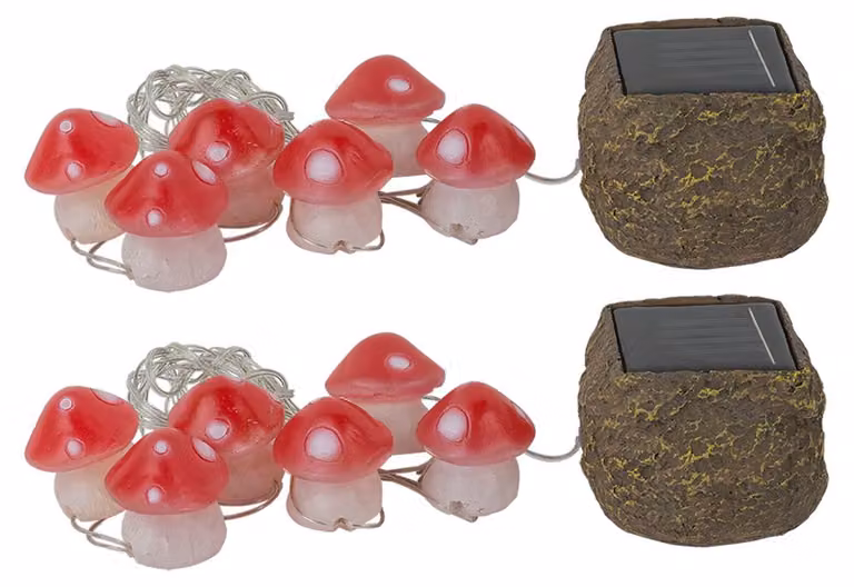 Ghirlande luminose a energia solare, 12 funghi velenosi a LED, bianco-rosso,