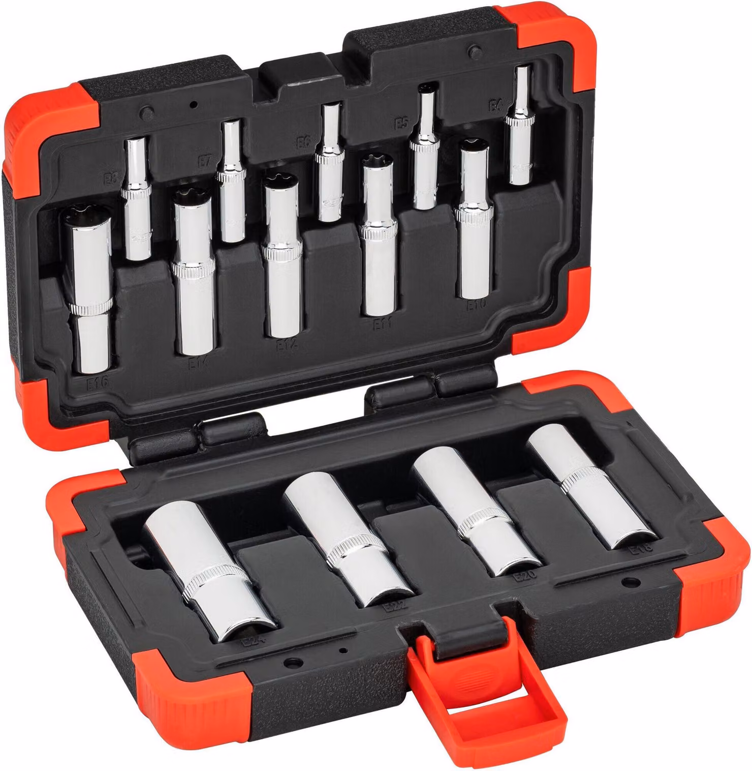 Set di bussole VIGOR V7014 da 1/4", 3/8" e 1/2" con profilo a E, 14 pezzi, da E4 a E24