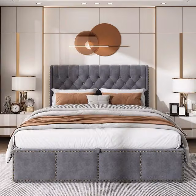 Letto matrimoniale 140x190 cm in velluto grigio con contenitore e testiera imbottita