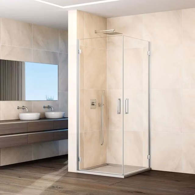 Box doccia angolare DUCHA con 2 porte battenti in vetro trasparente e finitura cromo, L: 43,5-45,5 cm, H: 83,5-85,5 cm