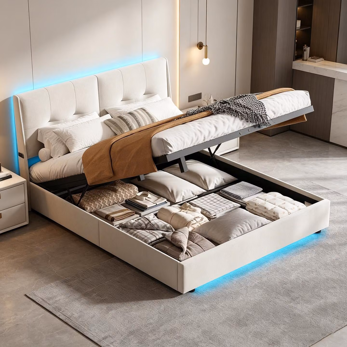 Letto con boxspring 160x200 cm con LED e rete a listelli, letto imbottito matrimoniale con sistema idraulico e spazio contenitore, letto per ragazzi, struttura letto, velluto, beige