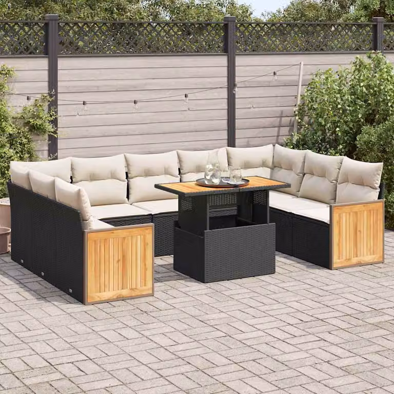 Set di divani da giardino vidaXL in 10 pezzi con cuscini, struttura in legno di acacia oliato e rattan nero
