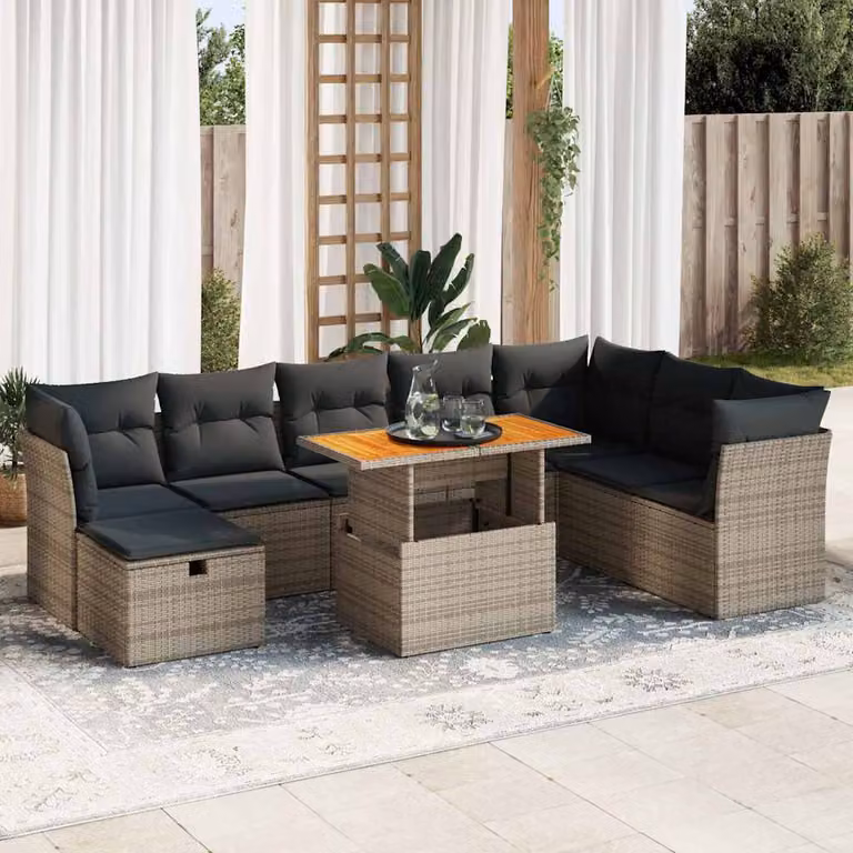 Maison Exclusive - Set da giardino 9 pezzi con cuscini Grigio Polyrattan Acacia