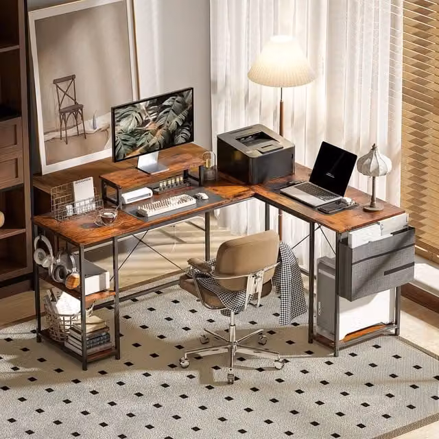 Scrivania angolare gaming Minimal marrone legno con ripiani per ufficio o casa L: 168 cm, P: 120 cm