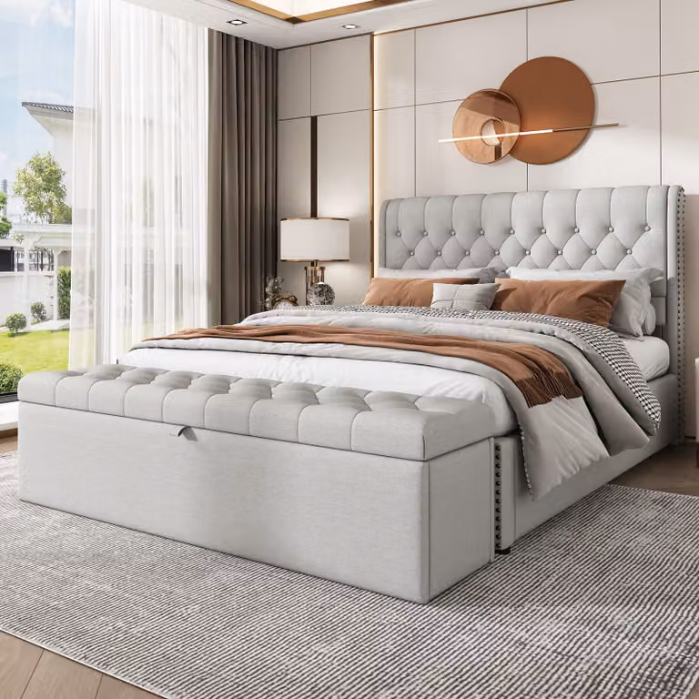 MODFU Letto imbottito, letto per ragazzi, 140 x 200, letto matrimoniale con leva idraulica e contenitore, decorazioni con rivetti, lino , con poggiapiedi, grigio