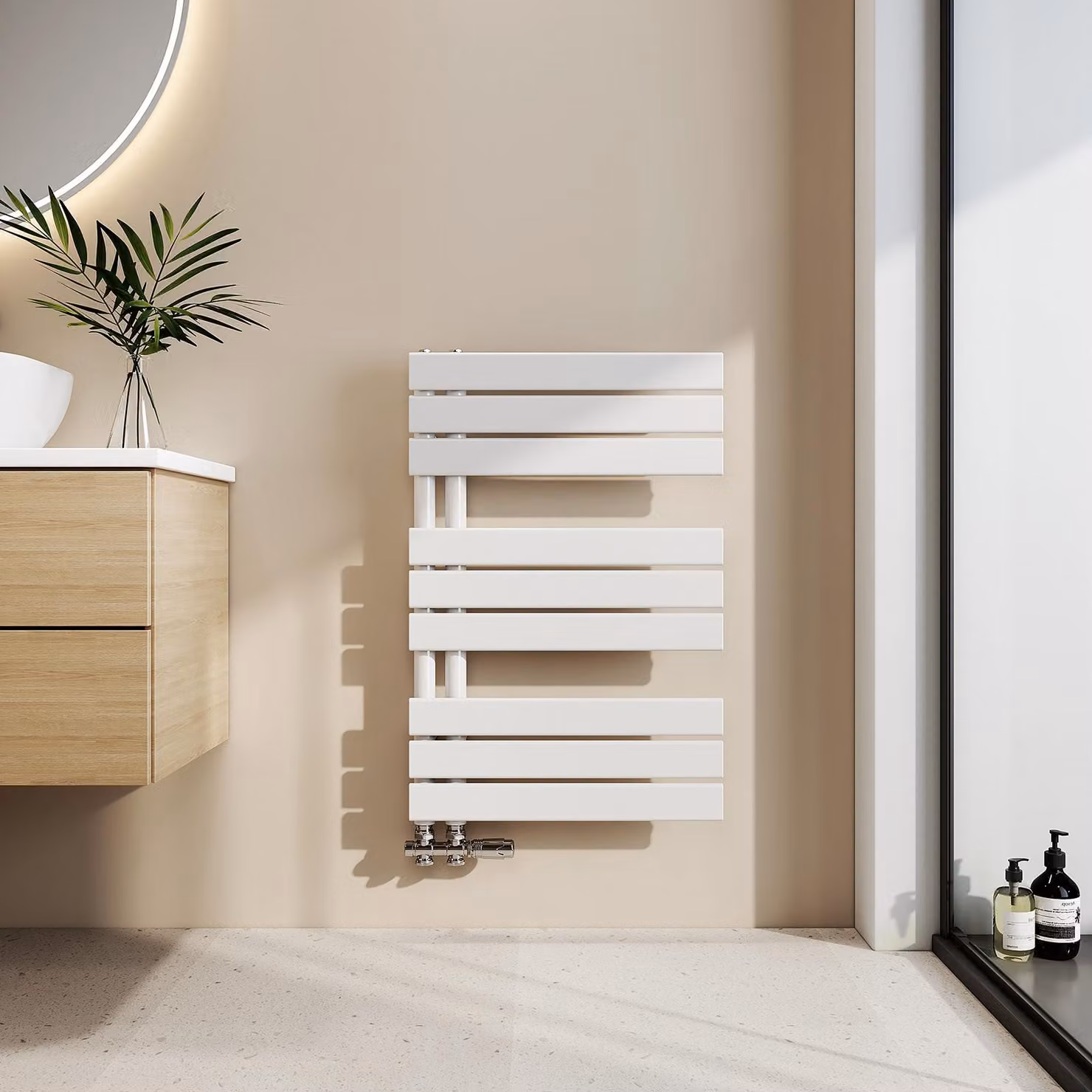 Asciugamani EMKE Radiatore da bagno Radiatore a pannello Attacco laterale Montaggio a parete Acqua calda 762 x 500 mm Bianco senza elemento riscaldante