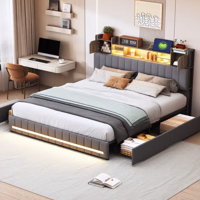 Letto imbottito Fortuna Lai 160x200 cm con contenitore, illuminazione LED su testiera e pediera, standard europeo, rivestimento in lino