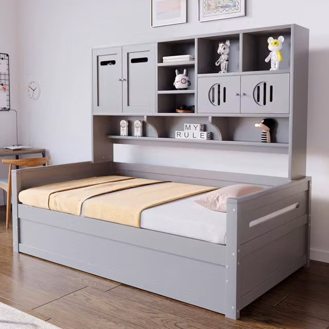 Letto singolo Mivray con contenitore idraulico e doghe in legno, colore grigio, L/P/H: 90 x 200 x 35 cm