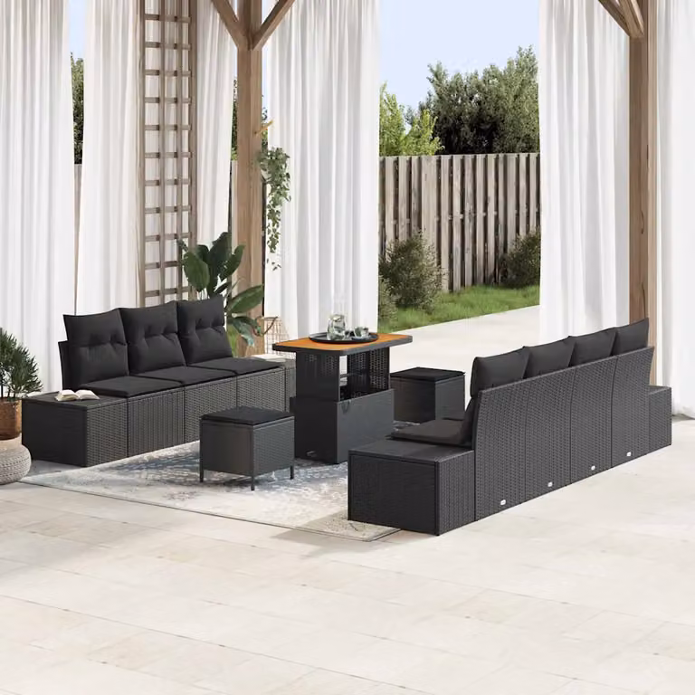 vidaXL Set Divano da Giardino 10 Pezzi con Tavolino e Pouf Nero in Poly Rattan e Acciaio con Cuscini