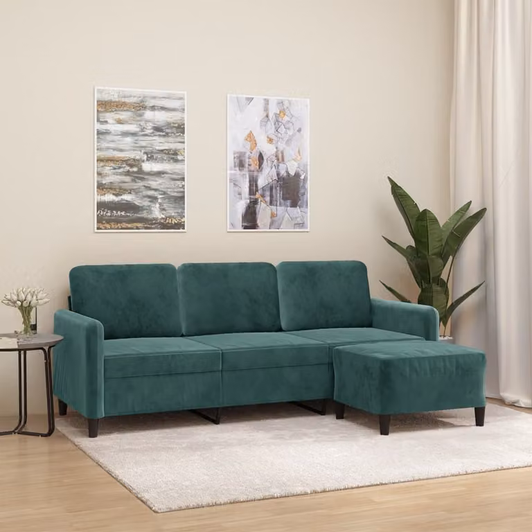 vidaXL Divano a 3 Posti con Poggiapiedi Verde in Velluto, L: 198 cm x P: 80 cm x H: 77 cm