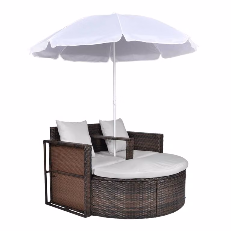 Lettino da Giardino con Ombrellone Marrone in Polyrattan