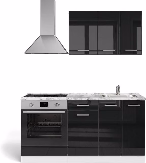 Cucina monoblocco R-Line Nero lucido/Bianco 160 cm con colonna forno senza piano di lavoro Vicco