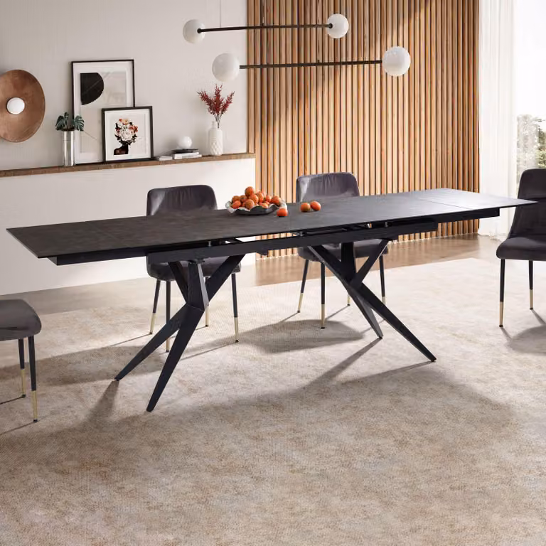 Tavolo da pranzo estendibile FineBuy, 180–260 cm, nero – piano in vetroVetroceramica – tavolo da pranzo moderno con struttura in metallo a croce – resistente ai graffi e al calore