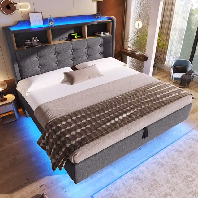Letto matrimoniale imbottito 140 x 200 cm, luci a LED, vano portaoggetti, con porte USB e Type-C, tessuto di lino, color grigio