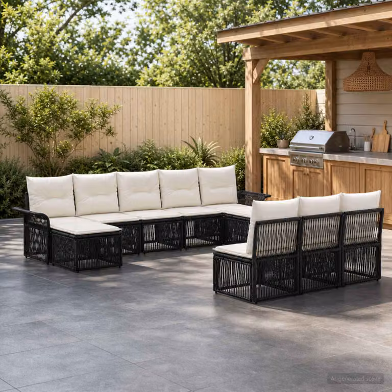 Set Divano da Giardino vidaXL a Forma a U in Polyrattan Nero con 10 Pezzi e Cuscini Rimovibili
