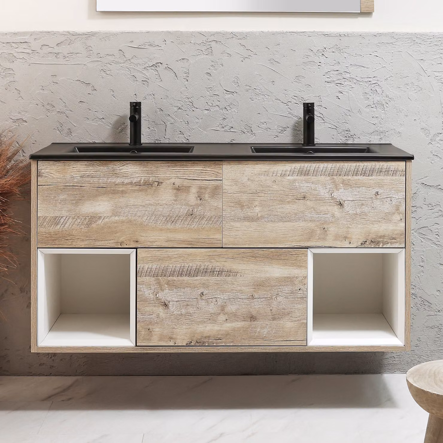 Mobile Bagno Sospeso con Ripiano Aperto in Rovere Chiaro da 1212mm con Lavabo Color Grafite - Hoxton
