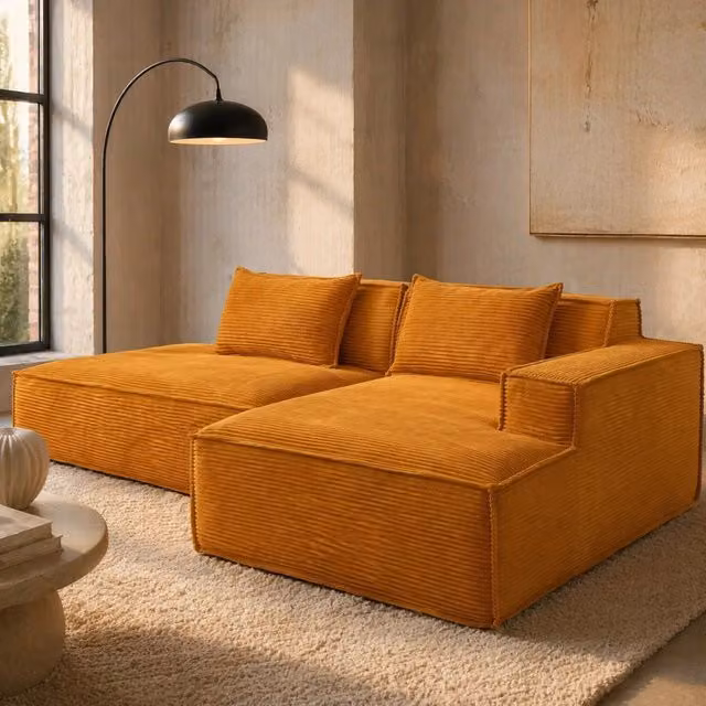 Divano 235x129x70 cm giallo senape, 2 cuscini, tessuto poliestere, design moderno