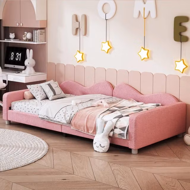 Letto imbottito multifunzionale REDOM in tessuto bouclé rosa per bambini L: 214,5 cm, P: 95 cm, H: 42 cm