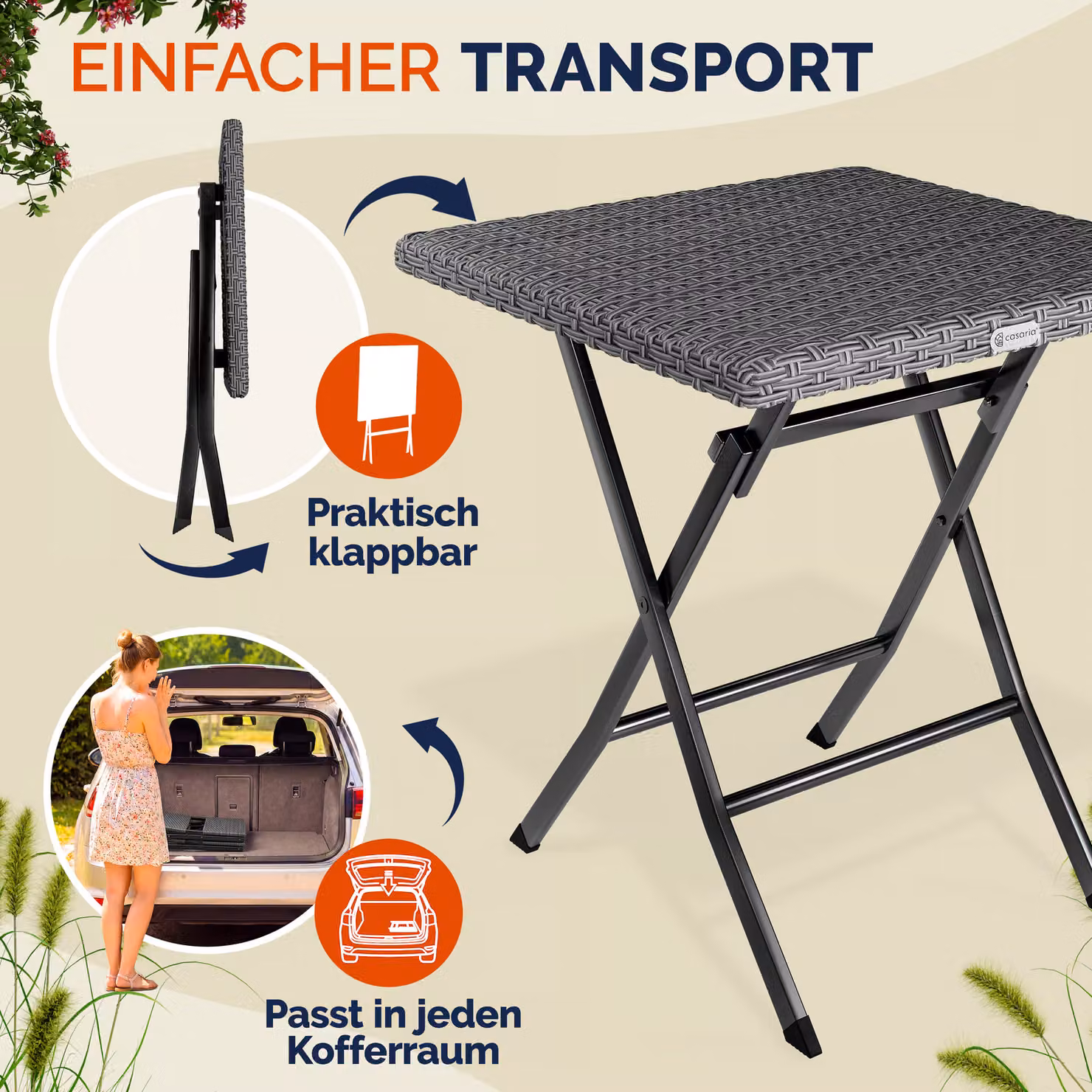 Tavolo pieghevole Roma Casaria in polyrattan nero L: 73 cm, P: 63 cm, H: 63 cm – 2