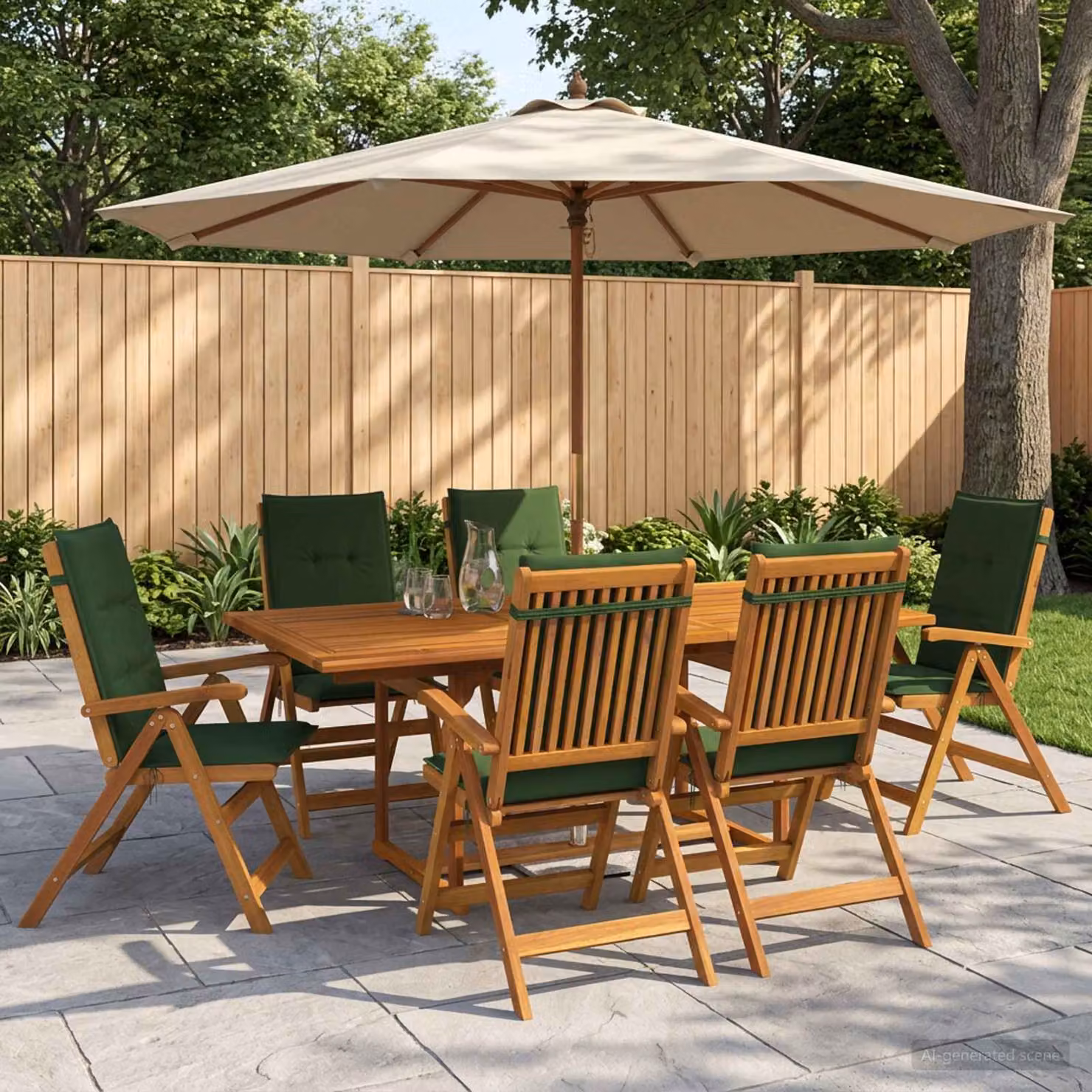 Set da pranzo da giardino vidaXL in legno di acacia oliato, 7 pezzi, colore naturale/marrone/verde