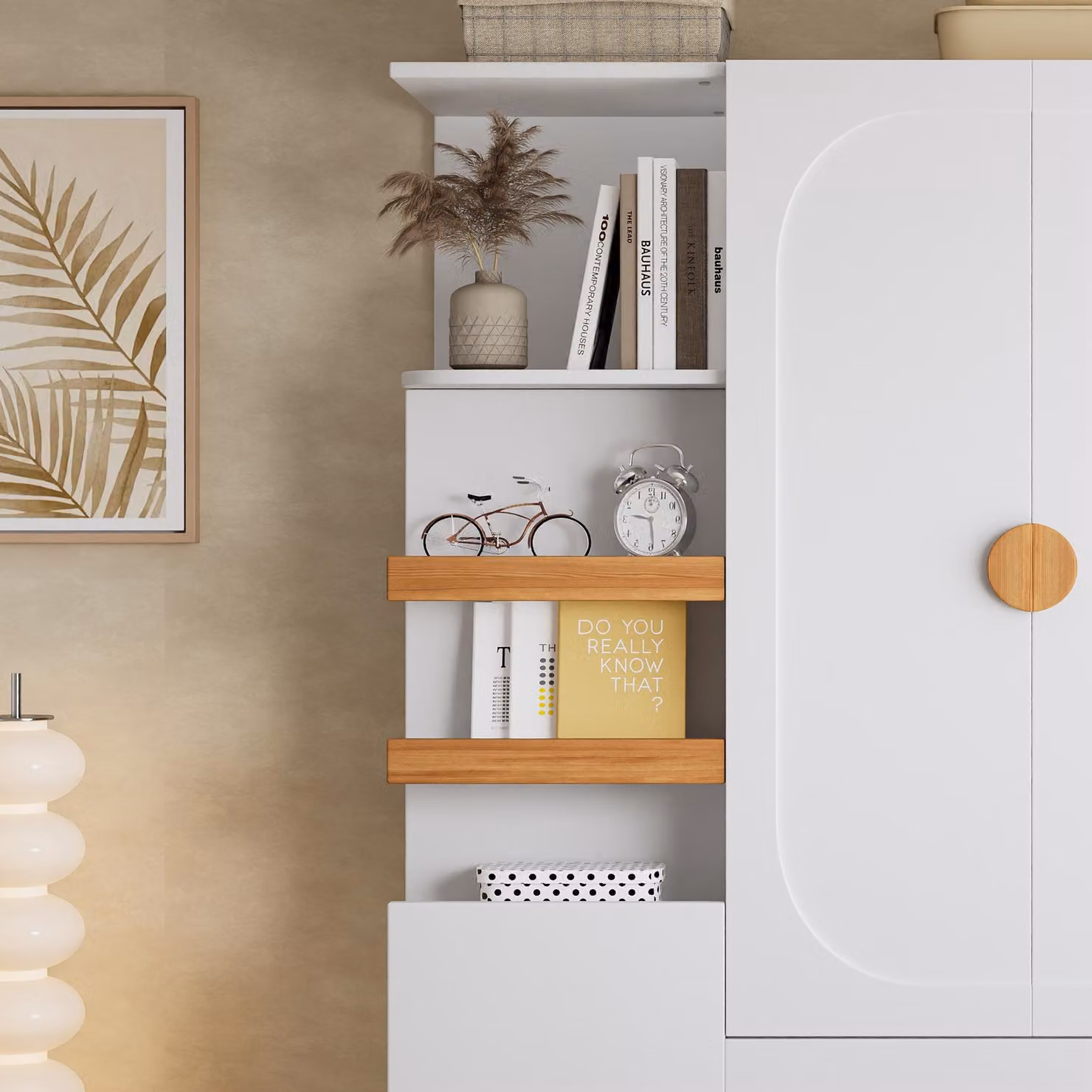 Armadio con cassetti e ante, mobile multifunzione con appendiabiti, armadio guardaroba con ripiani, dimensioni 125x50x180 cm, colore bianco e naturale, materiale MDF