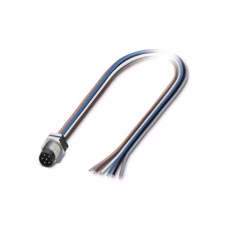 "Connettore a flangia M8, avvitabile frontalmente, per cavi a fili intrecciati da 0,14 mm², 6 poli."