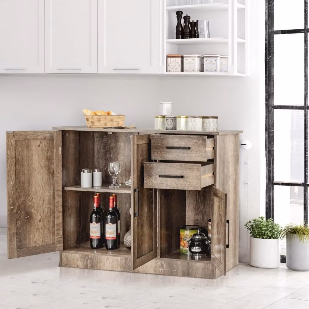 Credenza da cucina moderna con 2 cassetti, 3 ante e 1 ripiano regolabile, Mobile buffet multiuso in MDF Grigio e Marrone con finitura opaca – 2