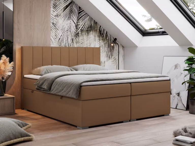 Letto boxspring 200x200, letto 200x200 con materasso e coprimaterasso, letto boxspring con cassetti, letto matrimoniale - LOPE - 200x200 - Marrone - Pelle finta - H4