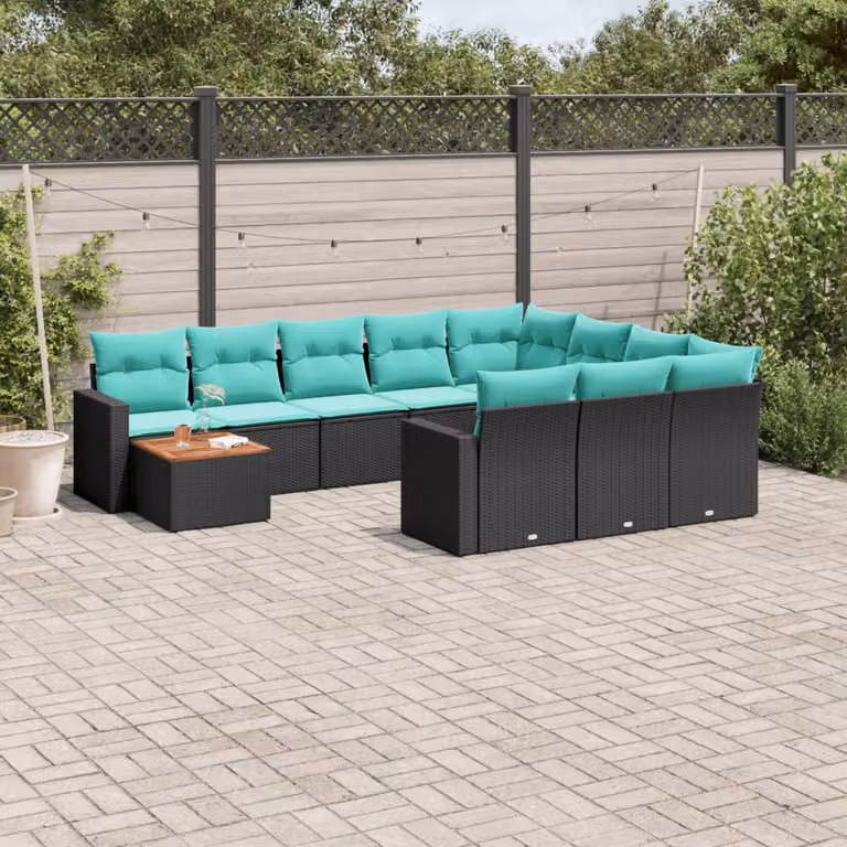 Set di divani da giardino vidaXL in polyrattan nero con cuscini blu a forma di U per esterno