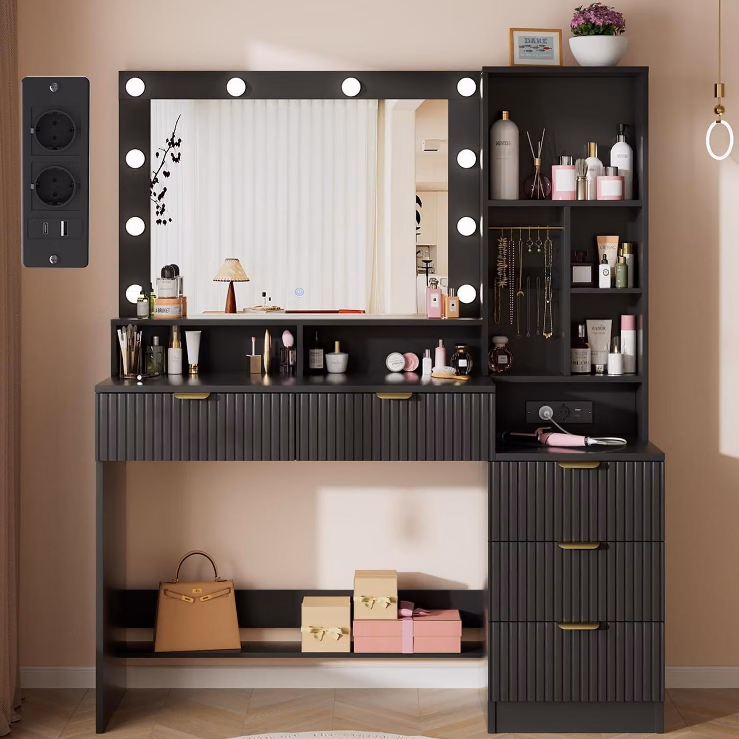 Comò da trucco con illuminazione a LED, specchio, prese di corrente, 12 ganci per gioielli, 5 cassetti, colore nero