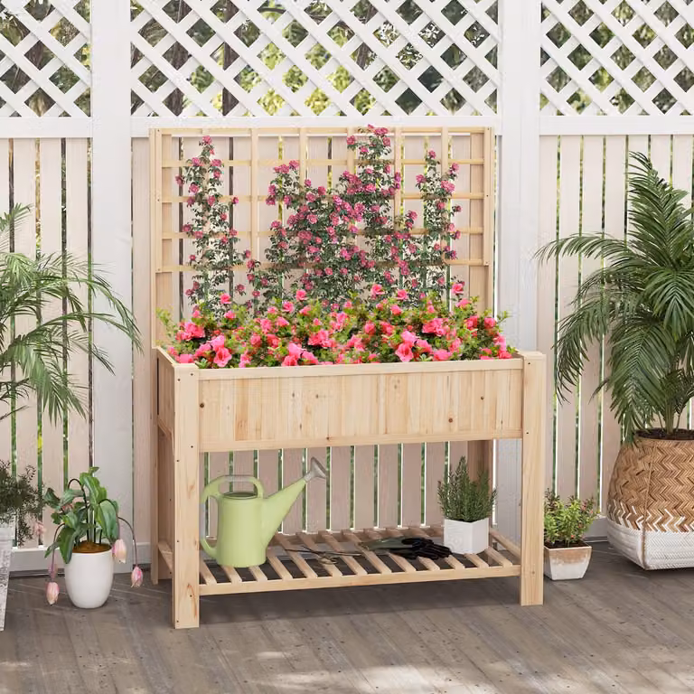 Fioriera alta in legno Costway con traliccio e mensola di stoccaggio, letto da giardino rialzato per orto e piante ornamentali, colore marrone