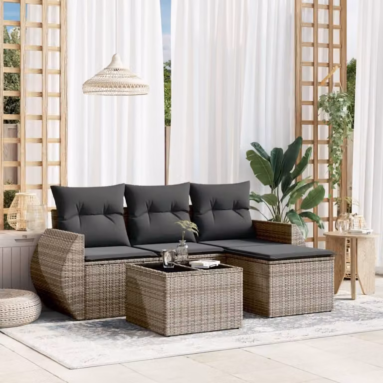Set Divano da Giardino a L vidaXL in Polyrattan Grigio con 5 Pezzi e Cuscini