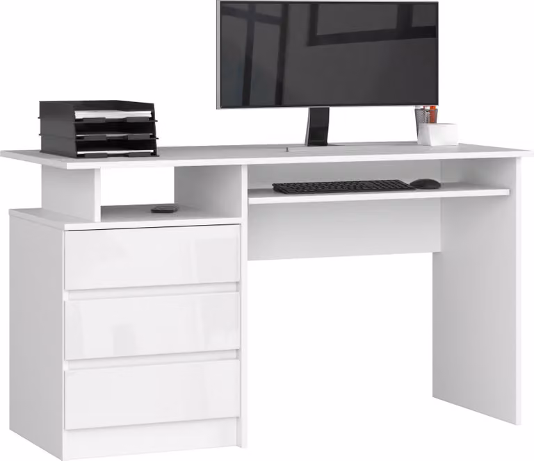 Scrivania 135x60 cm con 3 cassetti, scrivania per computer con ripiano estraibile per tastiera