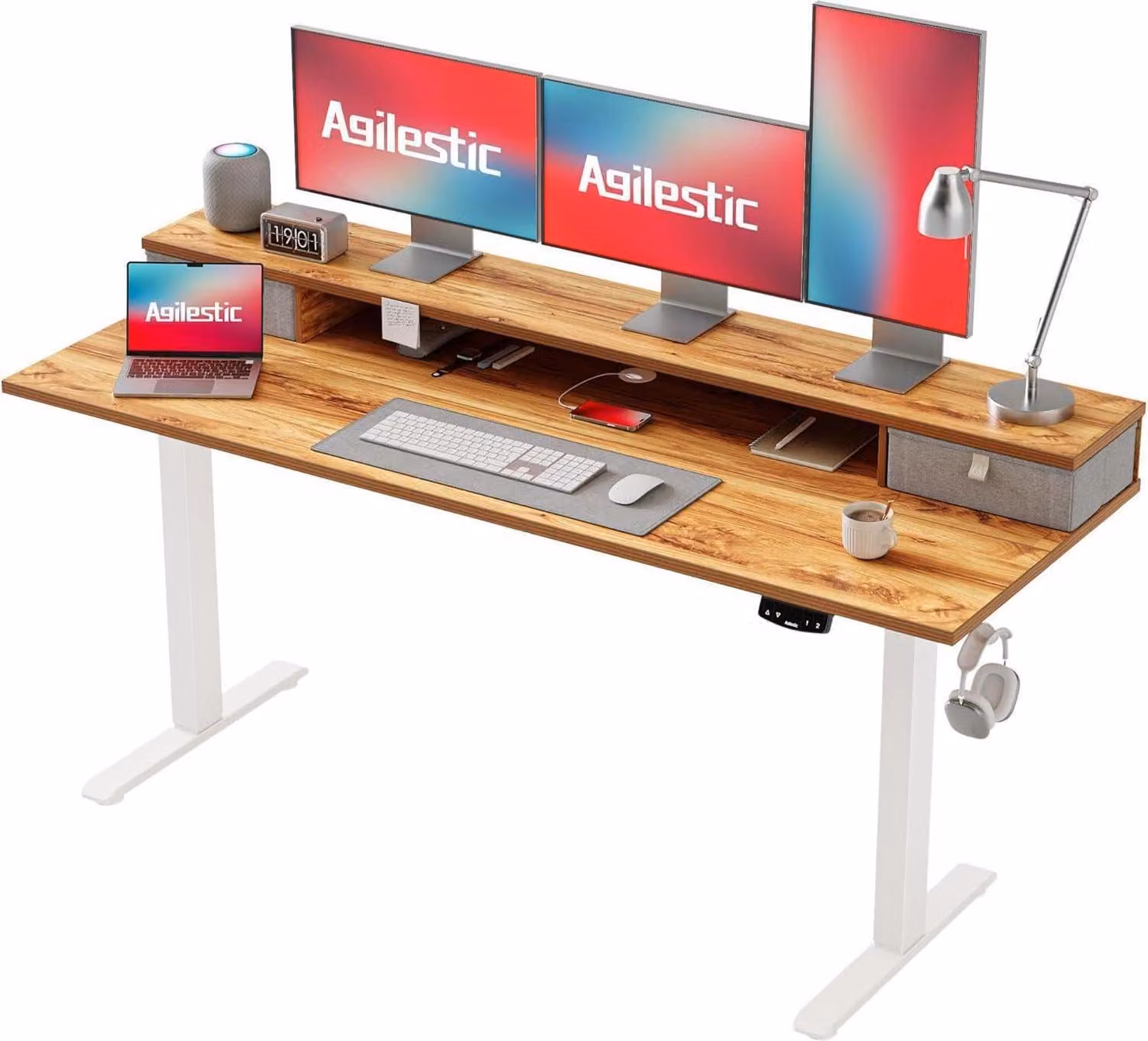 Scrivania regolabile in altezza con 2 cassetti e motore elettrico, 160 x 60 cm, marrone chiaro