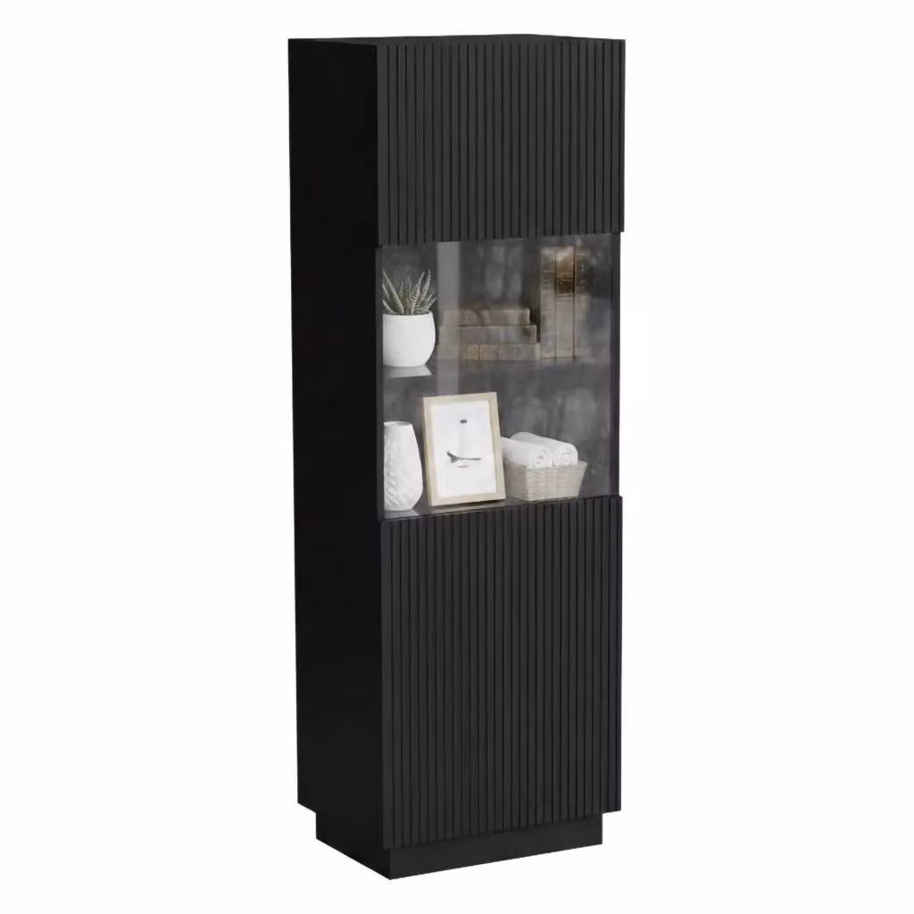 Vetrina Vado DMORA per soggiorno con ante in vetro e dettaglio effetto cannettato, Nero, L: 60 cm, P: 40 cm, H: 178 cm – 2