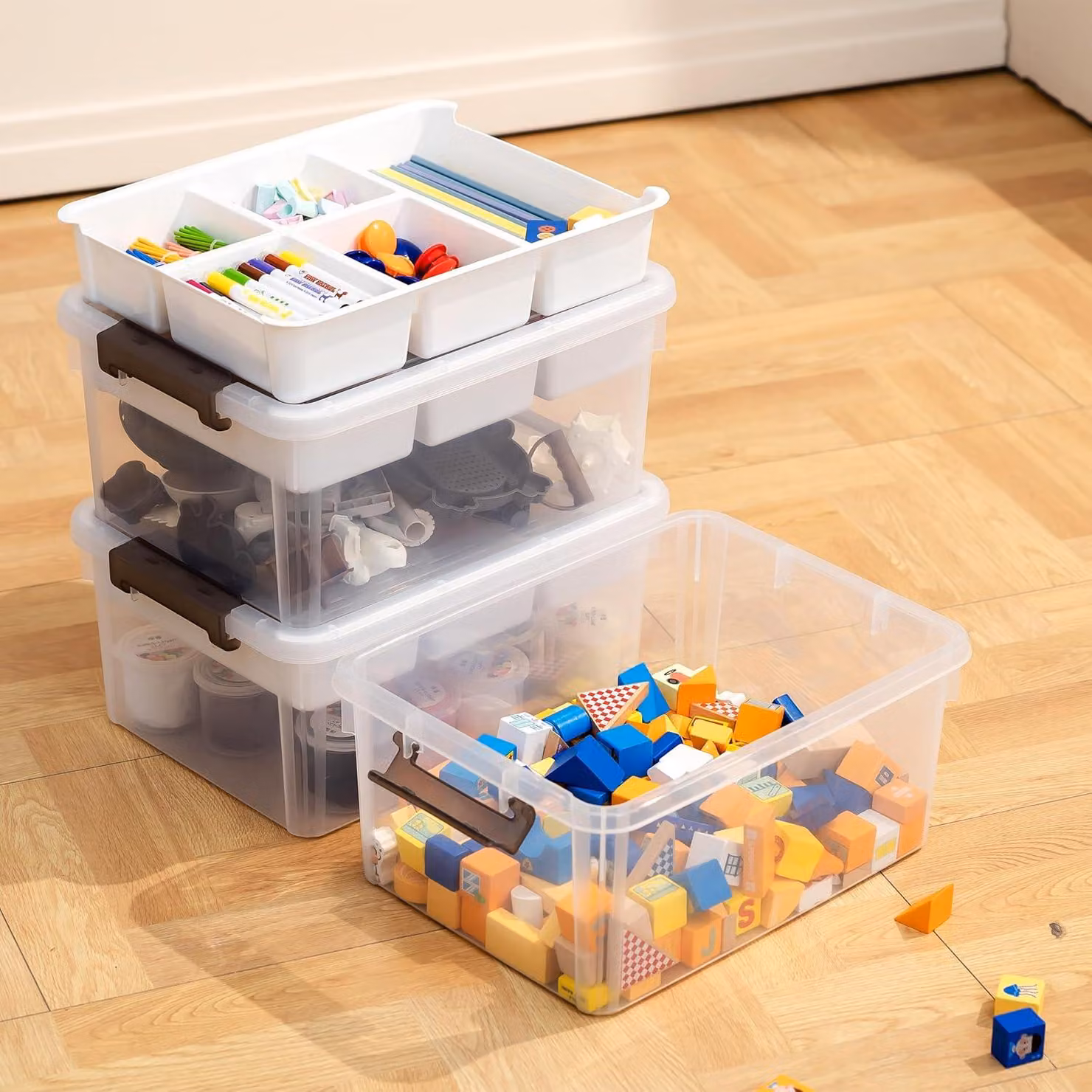 Scatole di plastica da 16 l con 6 scatole rinforzate da 1,6 l per riporre attrezzi, oggetti di artigianato, Lego e matite colorate