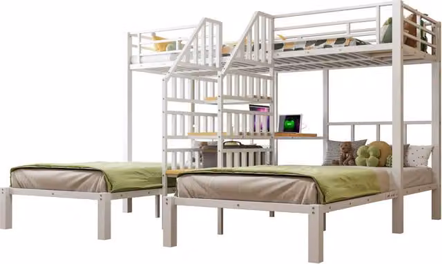 Letto a castello REDOM per bambini in metallo e MDF bianco con LED, scrivania, porta USB e scale con gradini, L/P/H: 90 x 200 cm – 1