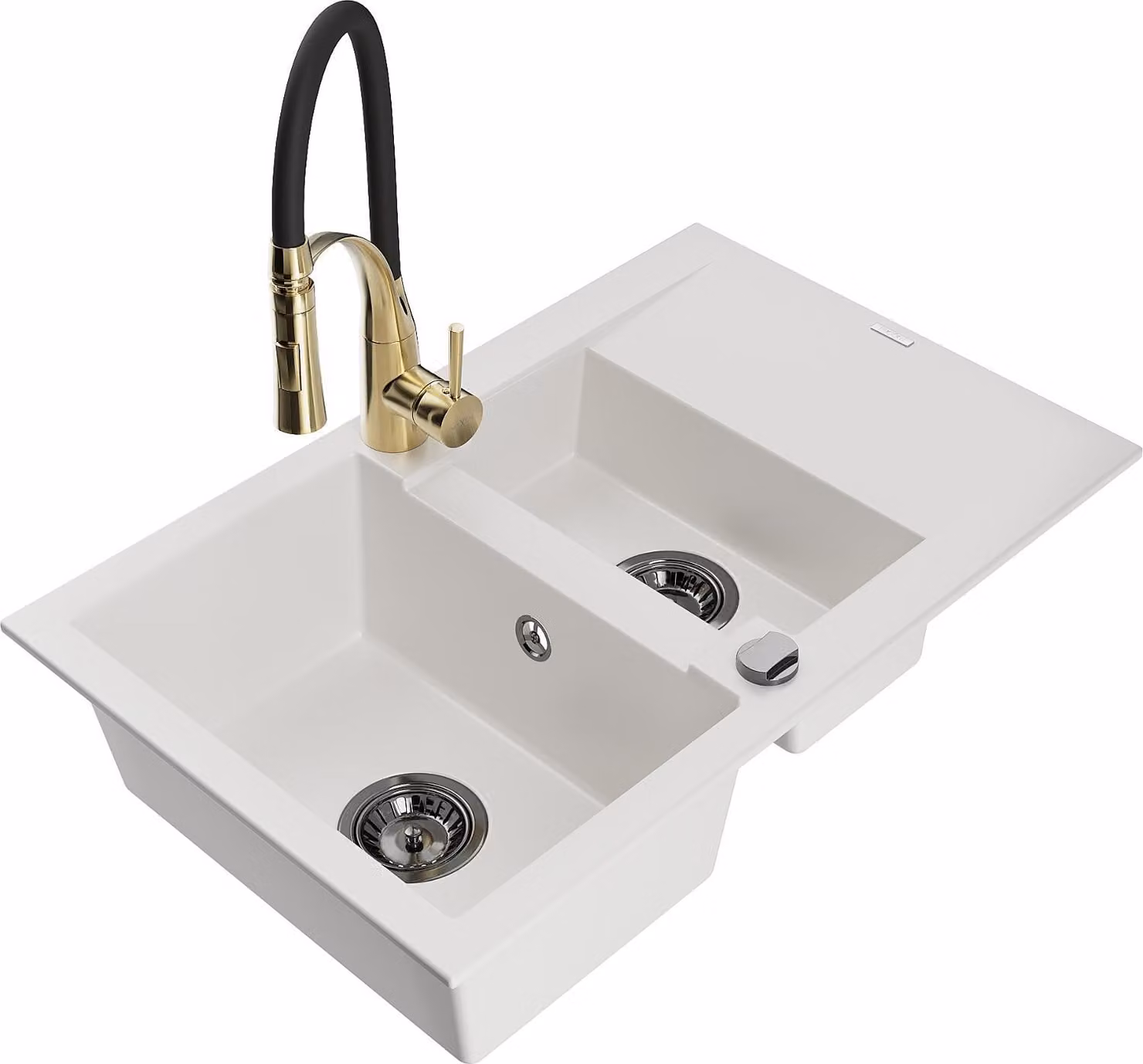 Mexen Gaspar lavello in granito 1,5 bacino con scolapiatti e rubinetto da cucina Aster, bianco - 6507-20-73450-57-B