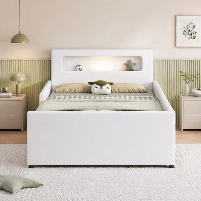 Letto singolo imbottito ULEVR 90x200 cm con cassetti, luce notturna LED, USB e sponde rialzate, bianco